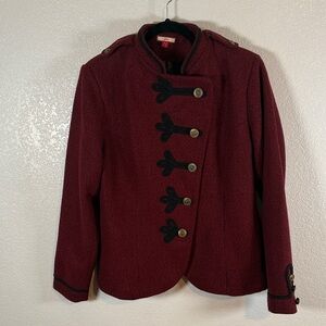 Joe Browns Red Tweed Military Blazer Rose Buttons Cord Accents Size 12